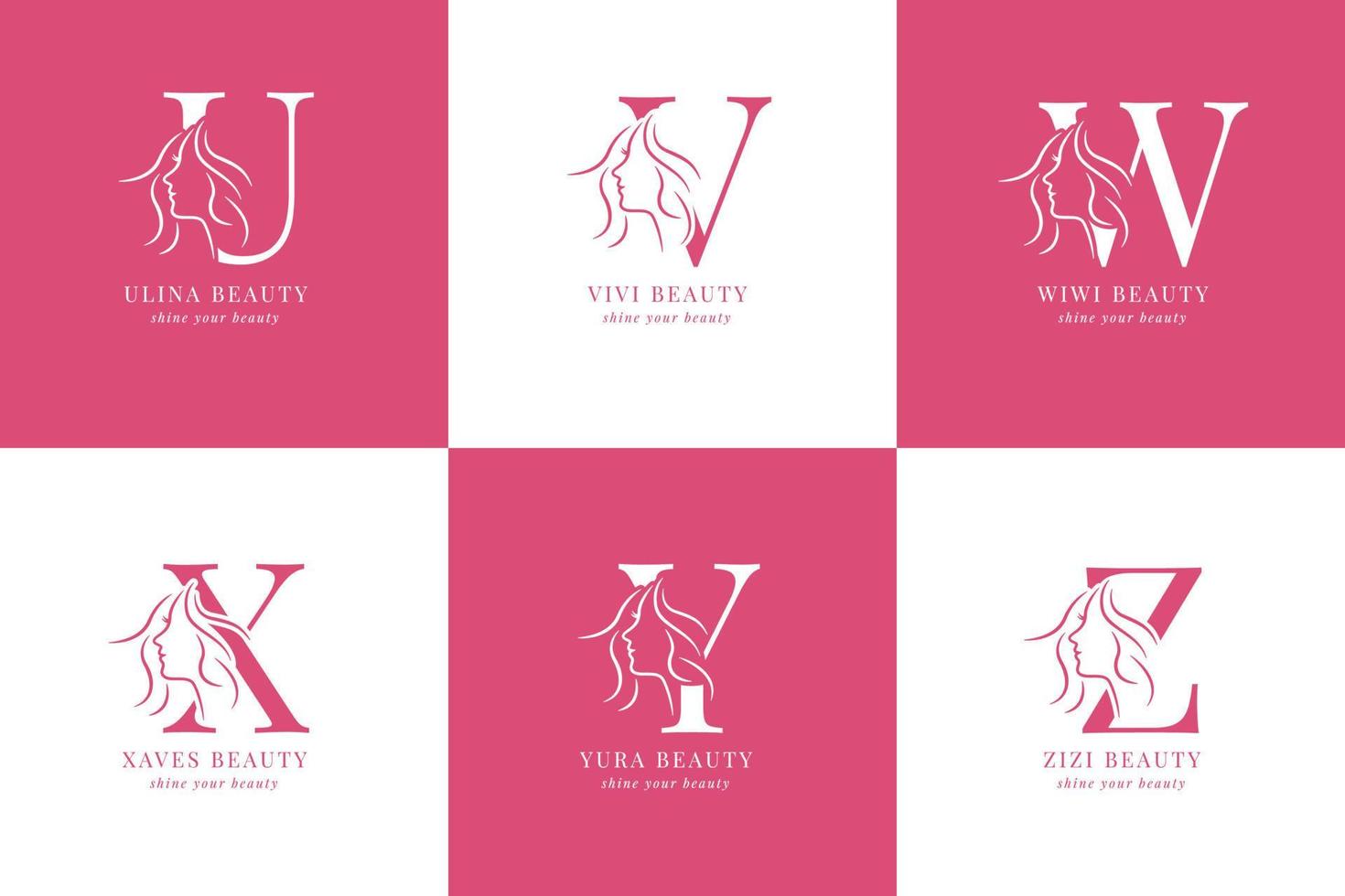 Minimalist and elegant hand drawn letters with woman silhouette U to Z salon or skincare logo vector