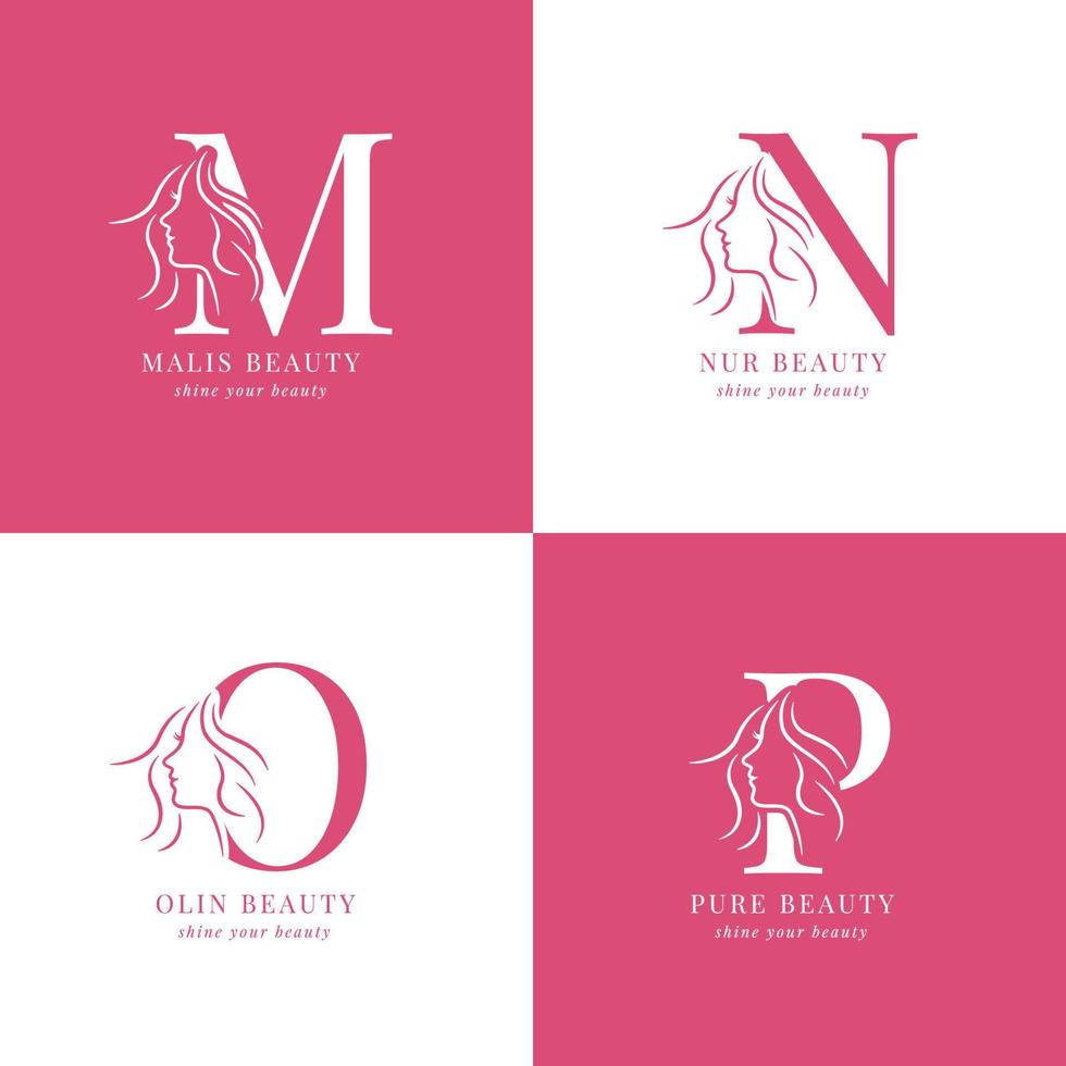 Minimalist and elegant hand drawn letters with woman silhouette M to P salon or skincare logo vector