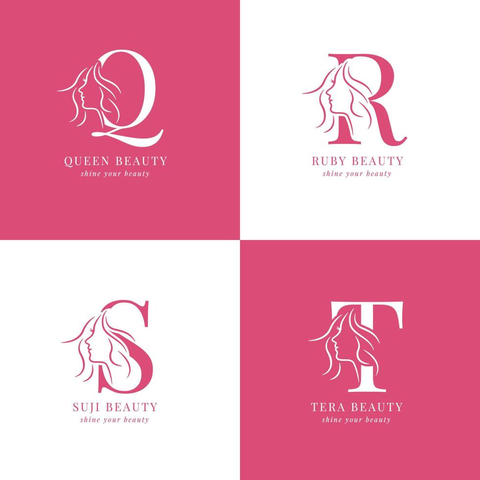 Minimalist and elegant hand drawn letters with woman silhouette Q to T salon or skincare logo vector