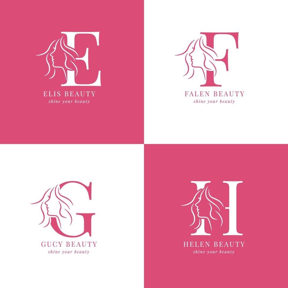 Minimalist and elegant hand drawn letters with woman silhouette E to H salon or skincare logo vector