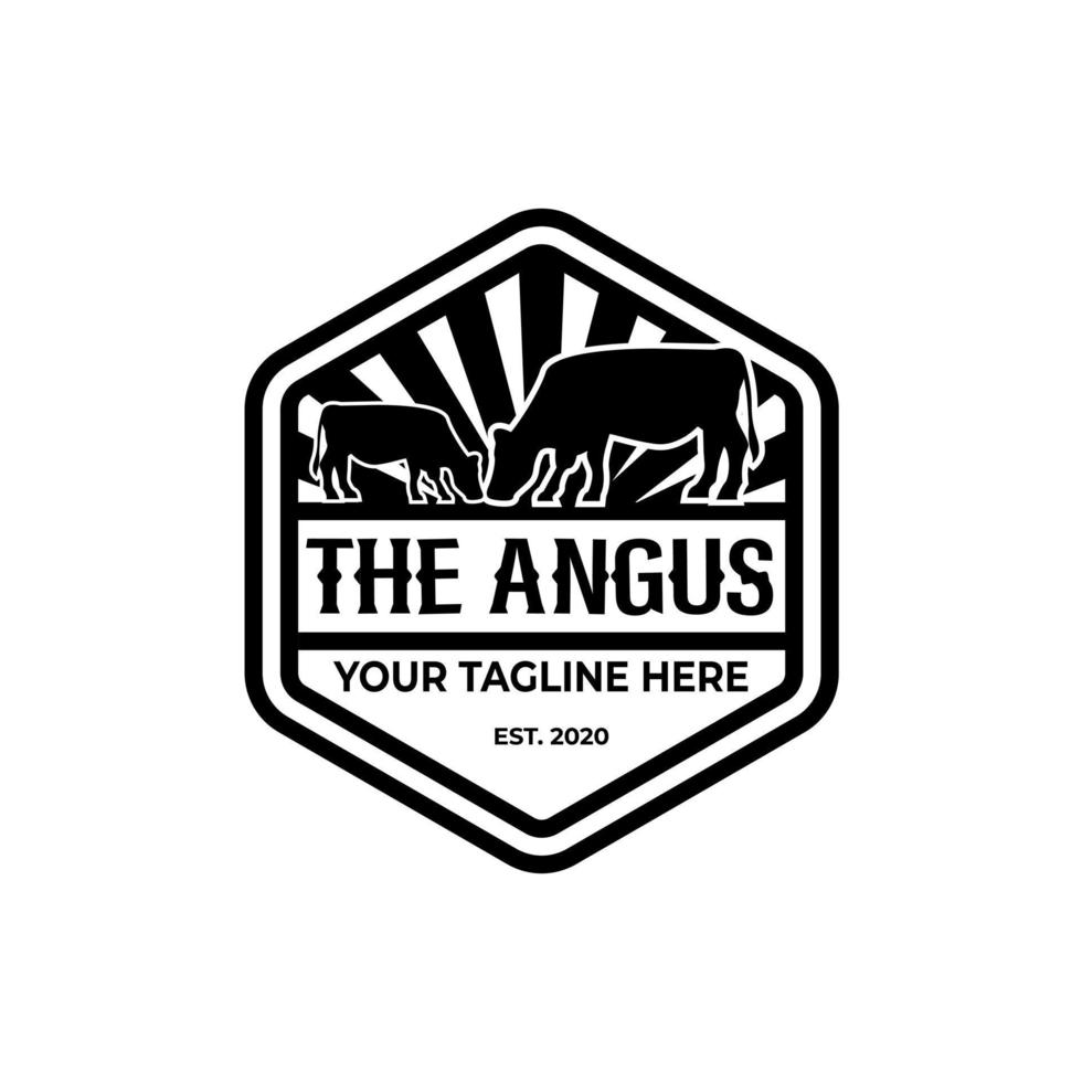 Two cows logo, hexagon angus emblem label, western cattle design vector