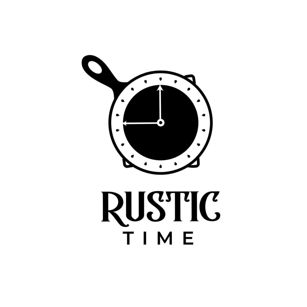 vintage retro rústico, símbolo de reloj de sartén de hierro, tiempo para platos de comida, cocina de restaurante clásica, comida tradicional, comida de restaurante, ilustración de vector de logotipo