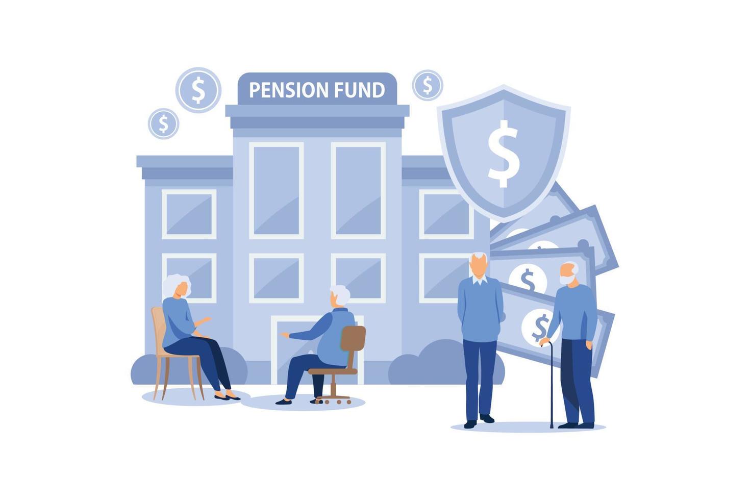 las personas mayores obtienen dinero ahorrado del fondo de pensiones. pensionista con ropa informal cerca de la institución estatal. hombre sosteniendo un gran billete arriba, abuela hablando por teléfono, abuelo y carretilla con moneda. vector