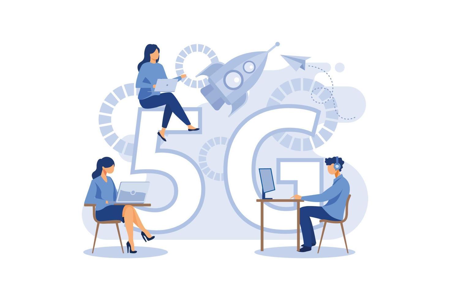 Vector illustration of 5G internet. A man with a laptop at the table, another with a briefcase is walking next to the rocket, women are sitting on a 5G sign, against the background of quadcopters