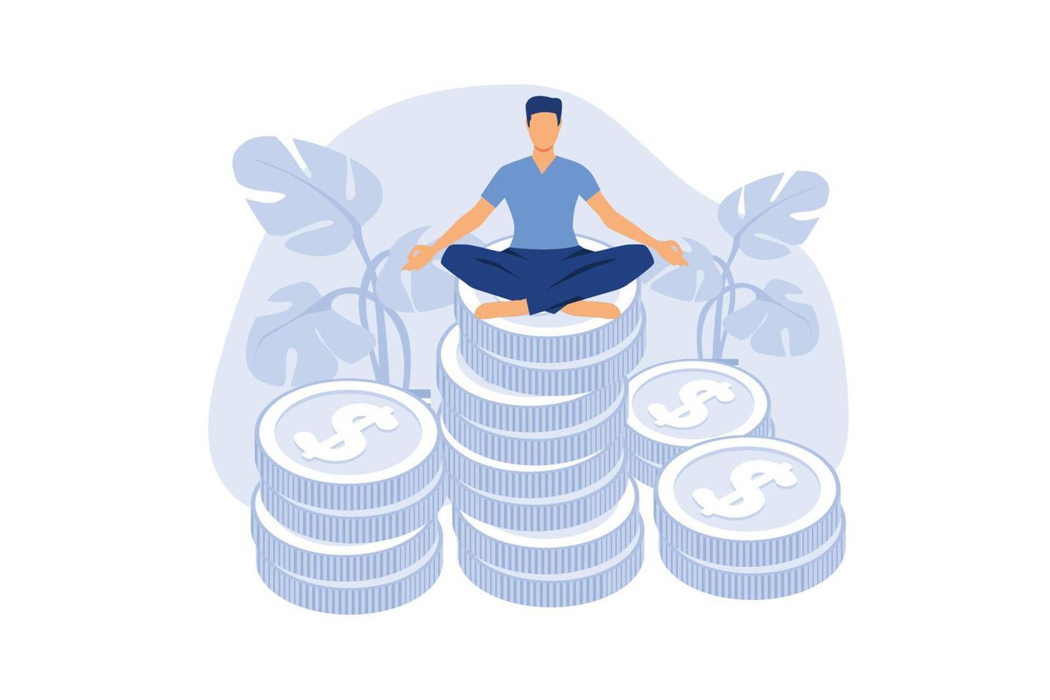 gurú financiero o experto, atención financiera conductual para la gestión de la riqueza, concepto de asesor de dinero e inversiones, hombre de negocios inteligente meditar y flotar en una gran moneda de dólar de oro. vector