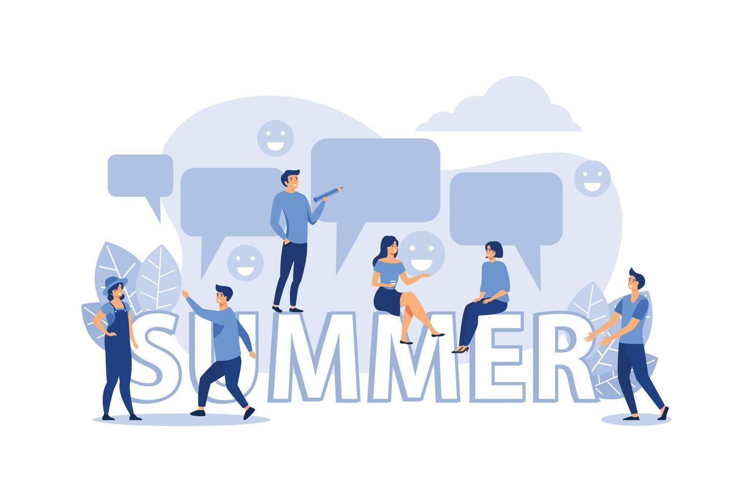 flat Vector illustration of communication through the Internet, social networks, chat, video, news, messages, website, search for friends, mobile web graphics, big word summer