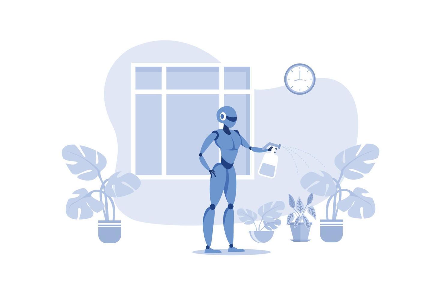 Home Robots Help in Everyday. Robotic Watering, Spraying and Caring for Plants in House. Artificial Intelligence Helps to Keep House. Big Window with View on House. vector