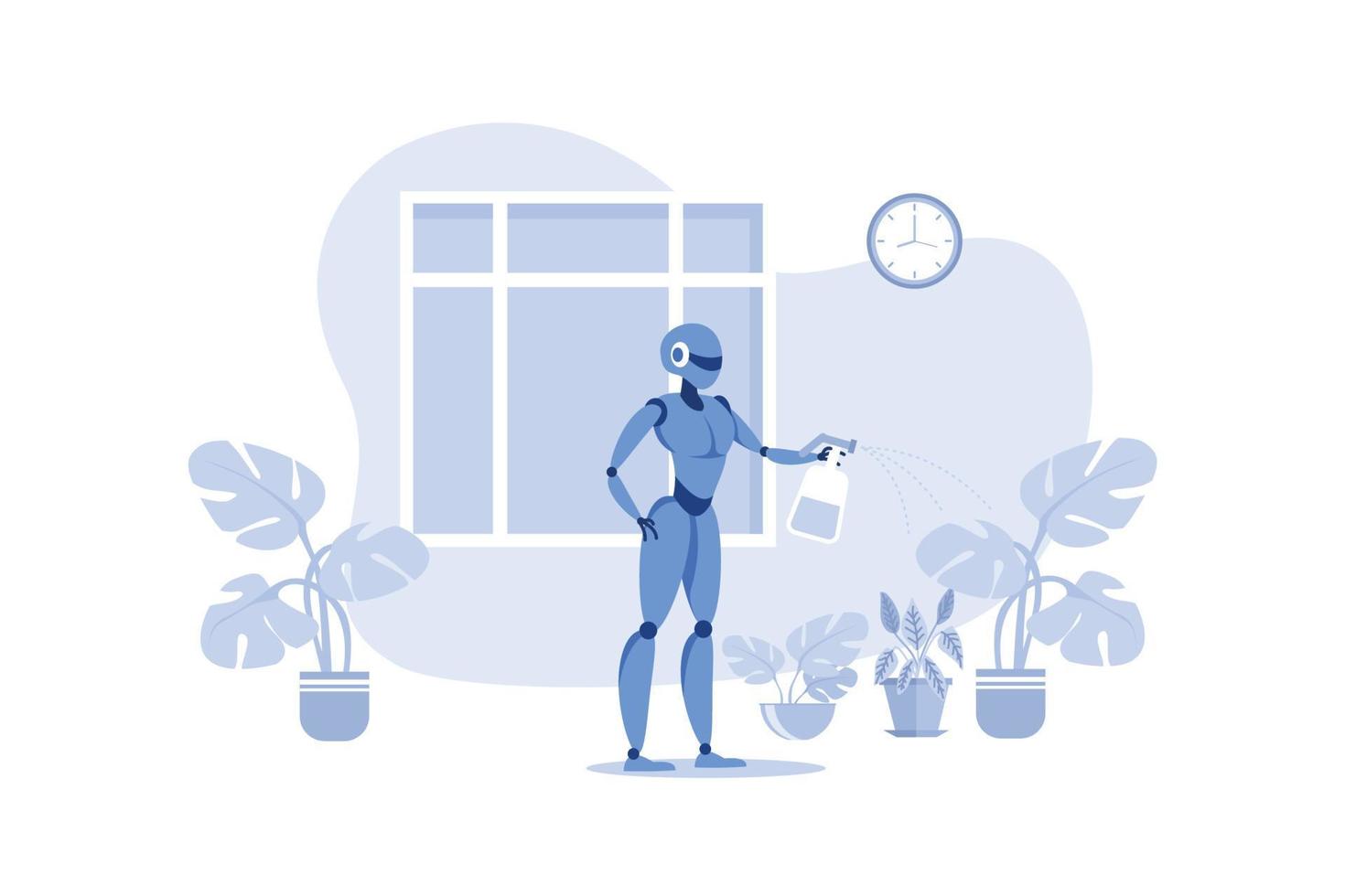 Home Robots Help in Everyday. Robotic Watering, Spraying and Caring for Plants in House. Artificial Intelligence Helps to Keep House. Big Window with View on House. vector