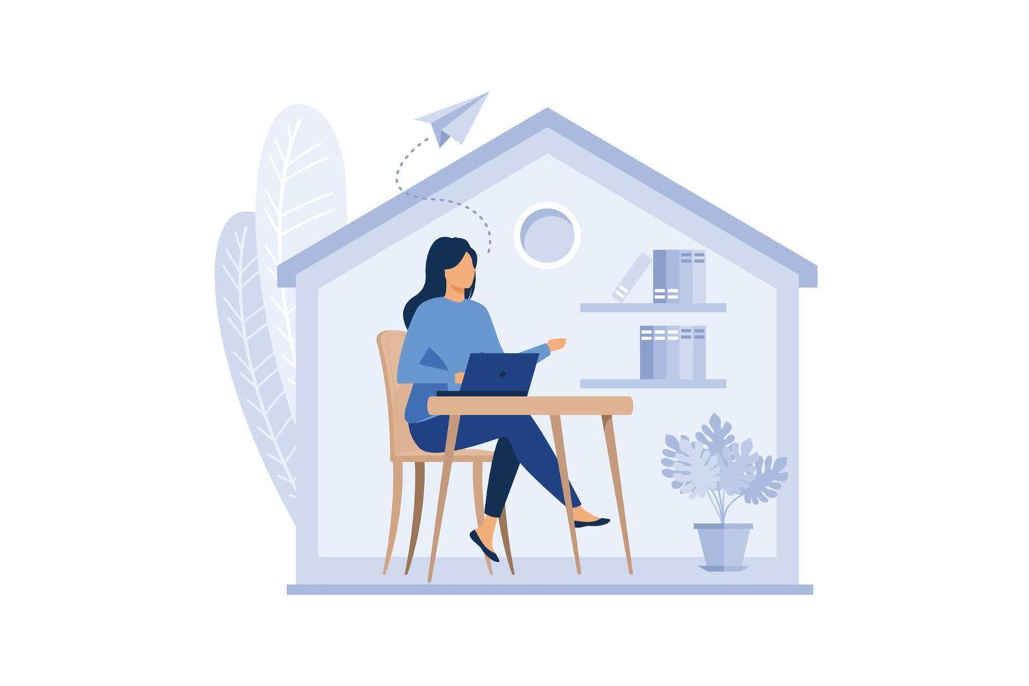 work from home online, creative space, self-isolation, freelancer working on a laptop vector, flat design modern illustration vector