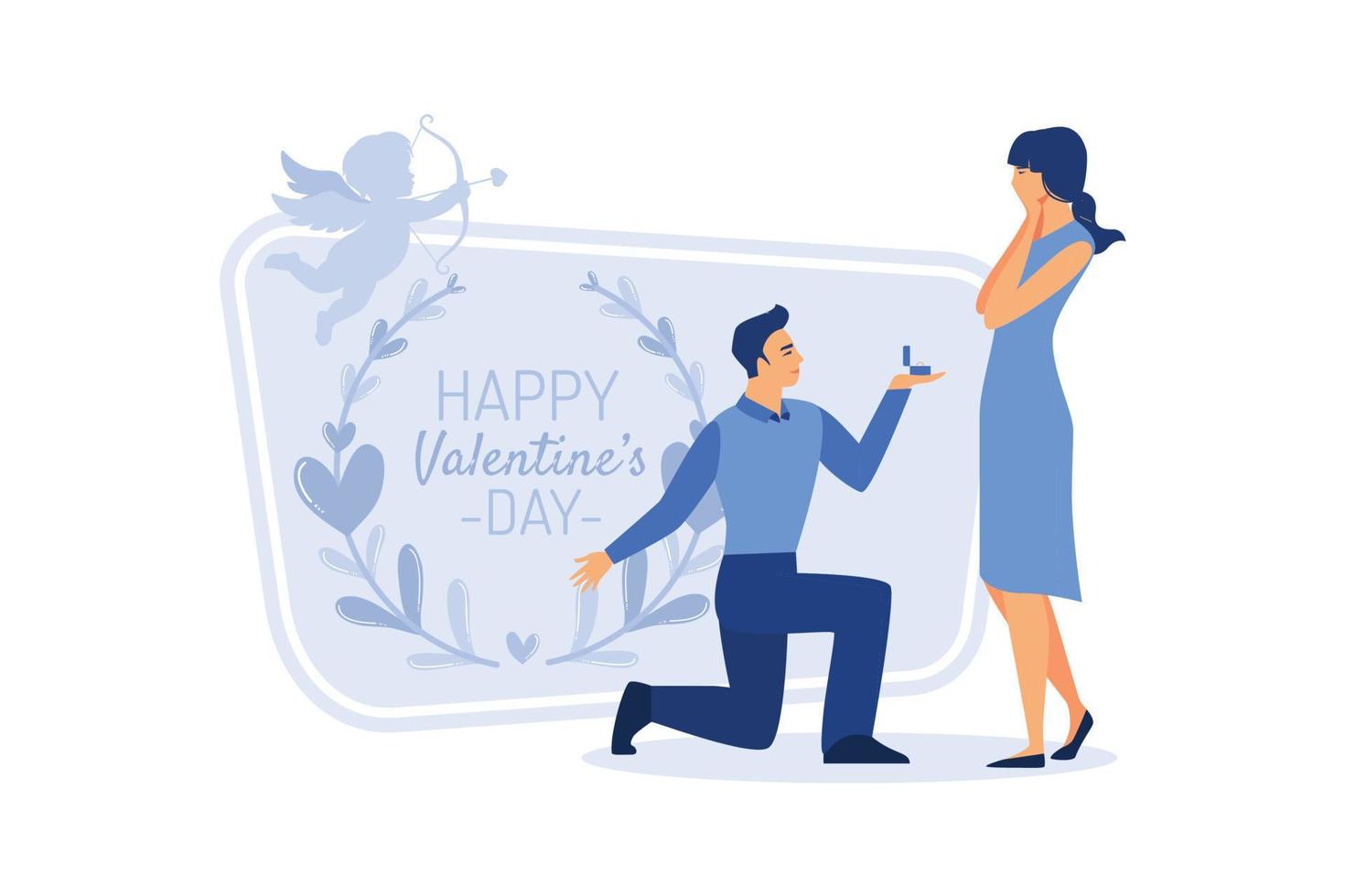 feliz día de san valentín pareja en la cita. el hombre da flores a la mujer. san valentín y día, pareja y día de san valentín, feliz san valentín, pareja enamorada, pareja joven, amor y pareja feliz, flor y evento. vector