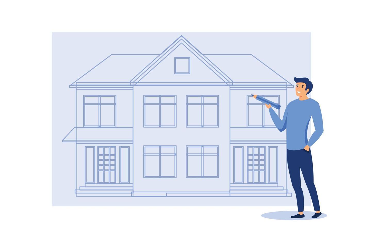 businessman planning to buy a home in the near future with pencil and house. Real estate and housing concept design flat vector illustration