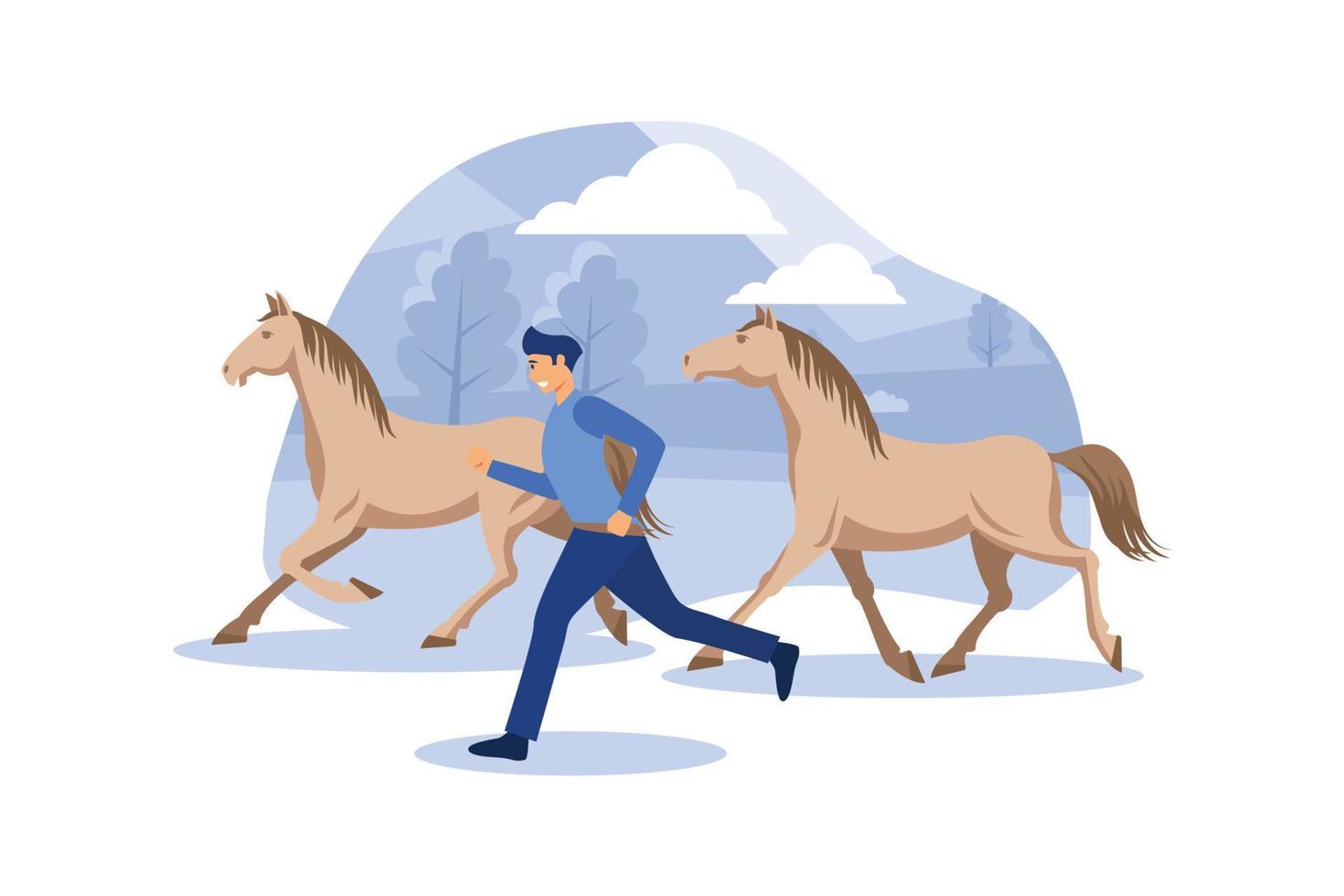 Illustration of a horse with a rider A horseman on a horse herding horses run with the horse vector