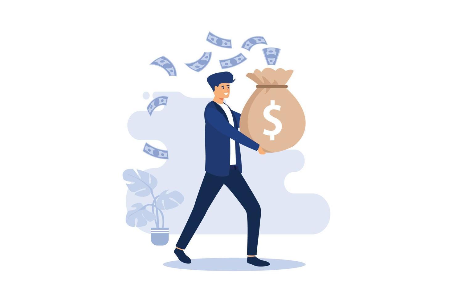 smiley businessman carrying full money bag, banknotes flying around flat vector illustration
