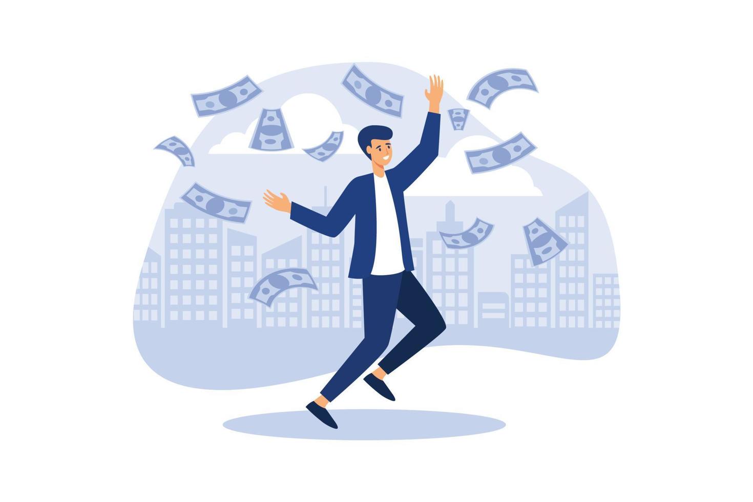 Flat young smiley businessman jumping under rain of money banknotes vector illustration. Business success concept.