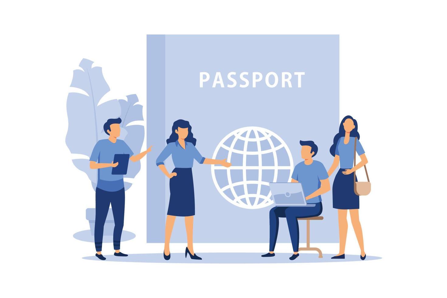 concepto de viaje, un hombre se sienta cerca de un pasaporte y elige una dirección a dónde ir, ilustración de vector plano de viaje de negocios