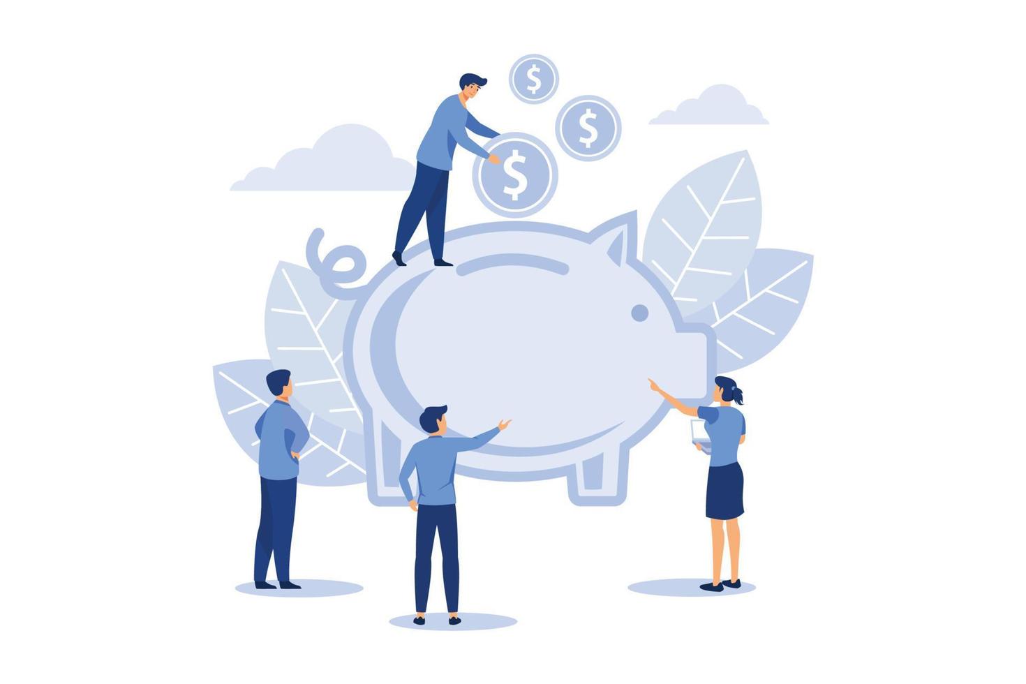 Financial management - flat design style colorful illustration on white background. Composition with male, female characters putting coins into a piggy bank, banknotes, receipt. Money saving concept vector