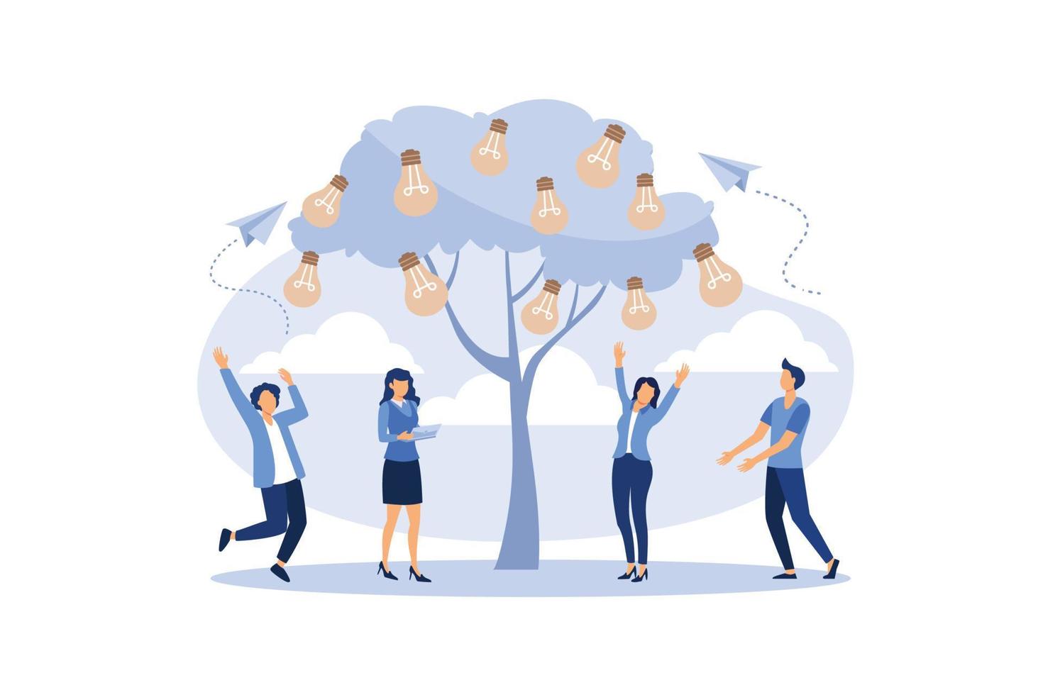 people grow potted plants, a metaphor for the birth of a creative idea. business concept analysis. graphic design idea of project activity flat design illustration vector