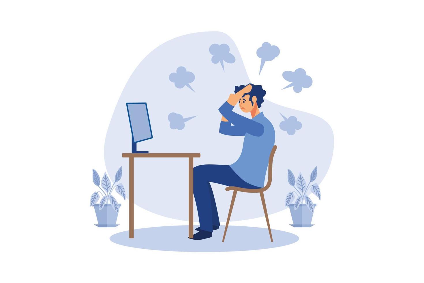 Anger men on the desk, computer screen, work problems that do not meet the target, default, breach of contract, financial problems flat vector illustration