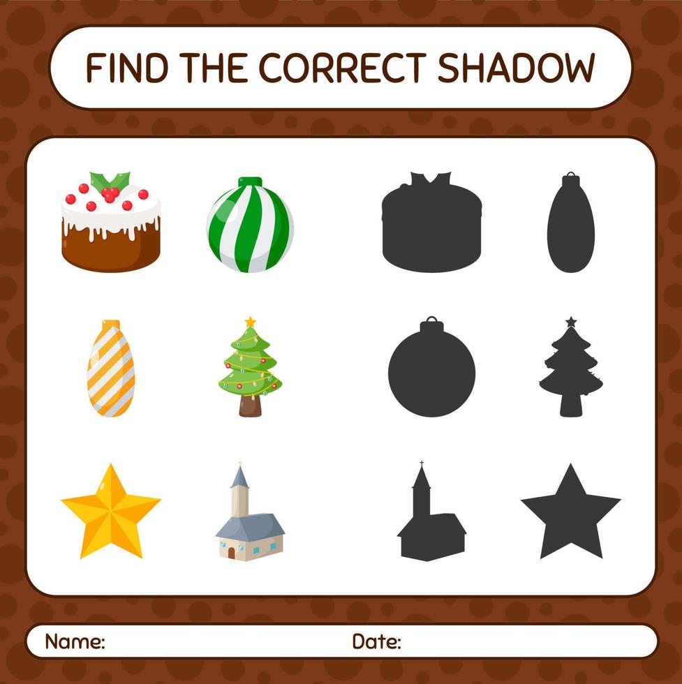 Find the correct shadows game with christmas icon. worksheet for preschool kids, kids activity sheet vector
