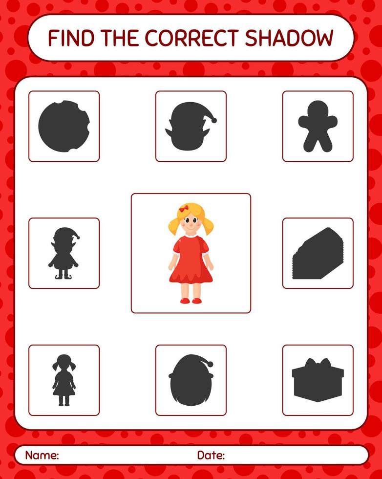 Find the correct shadows game with doll. worksheet for preschool kids, kids activity sheet vector
