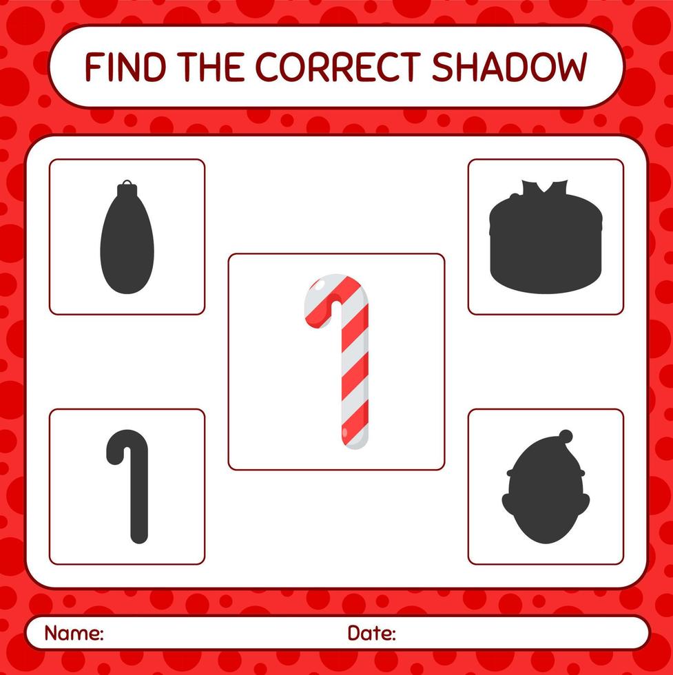 encuentra el juego de sombras correcto con bastón de caramelo. hoja de trabajo para niños en edad preescolar, hoja de actividades para niños vector