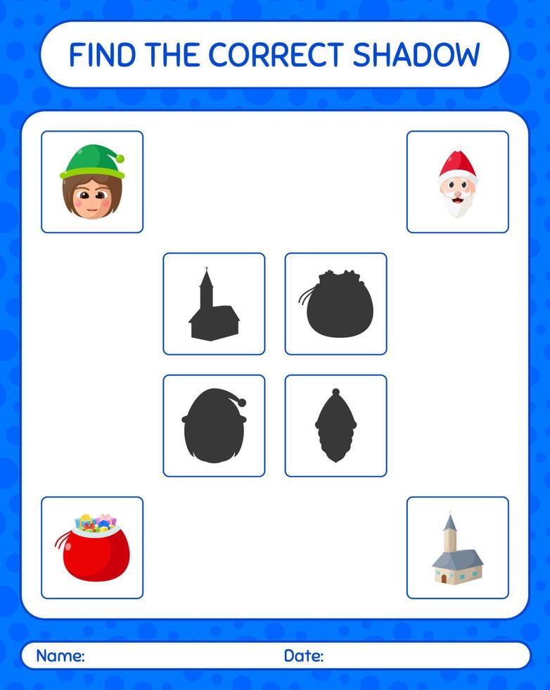 Find the correct shadows game with christmas icon. worksheet for preschool kids, kids activity sheet vector