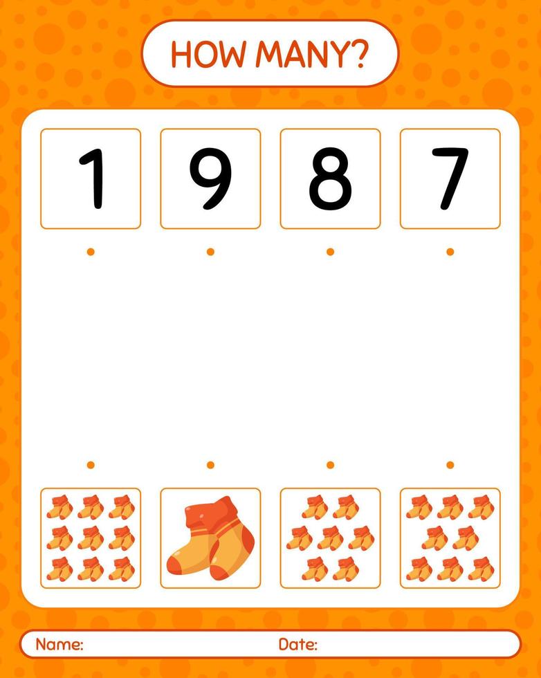 How many counting game with sock. worksheet for preschool kids, kids activity sheet vector