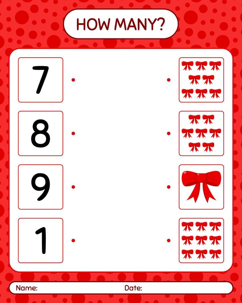 How many counting game with ribbon. worksheet for preschool kids, kids activity sheet vector