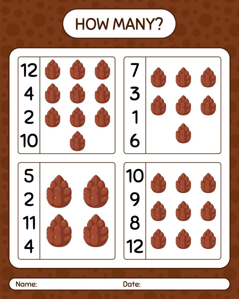 How many counting game with pine cone. worksheet for preschool kids, kids activity sheet vector