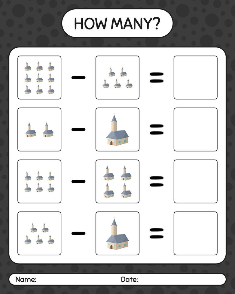 How many counting game with church. worksheet for preschool kids, kids activity sheet vector