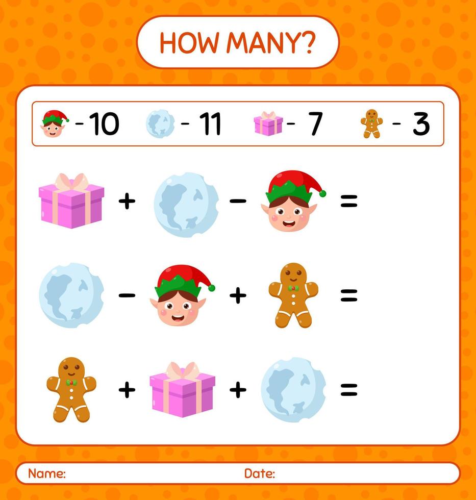 How many counting game with christmas icon. worksheet for preschool kids, kids activity sheet vector