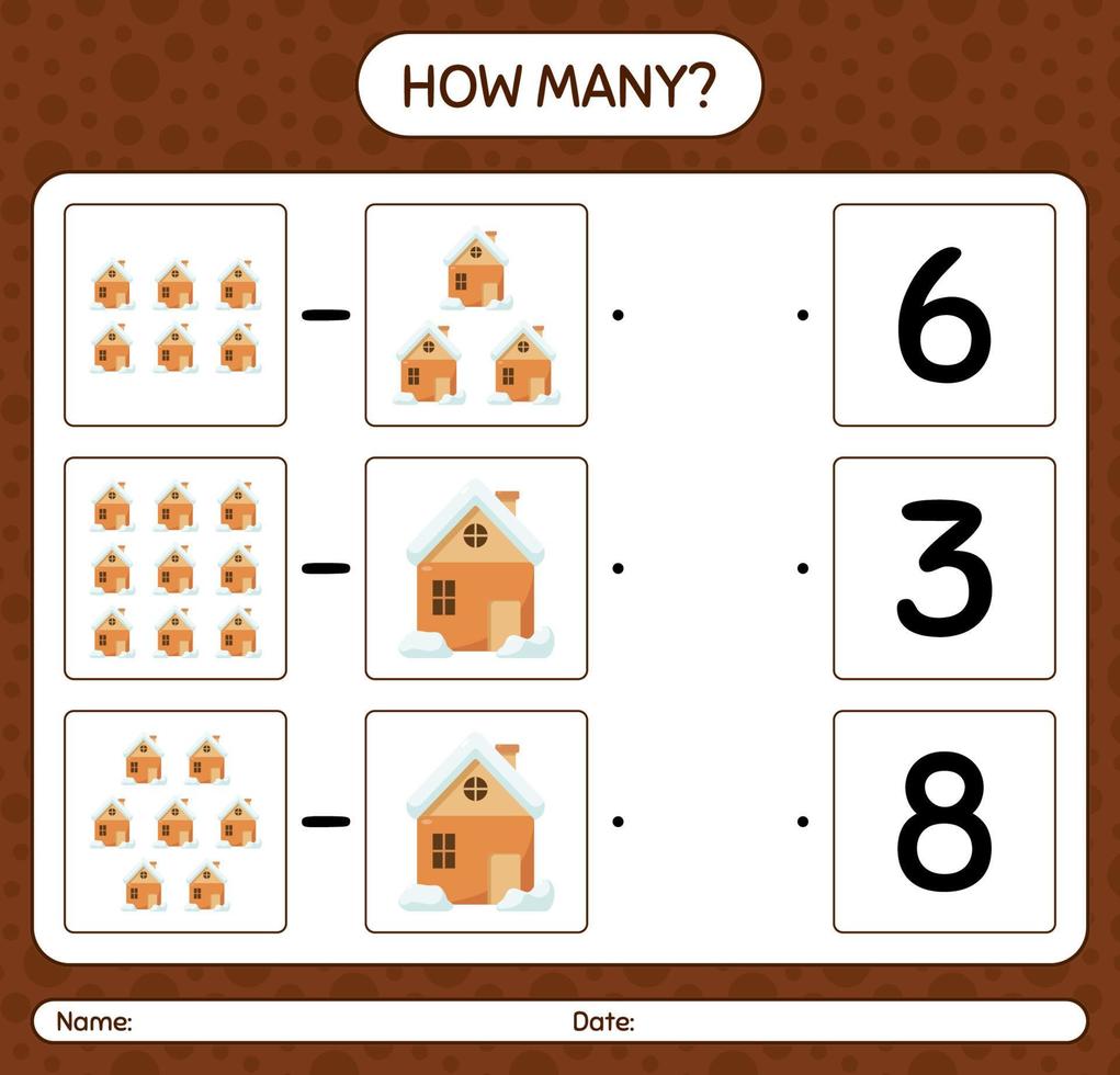 How many counting game with house. worksheet for preschool kids, kids activity sheet vector