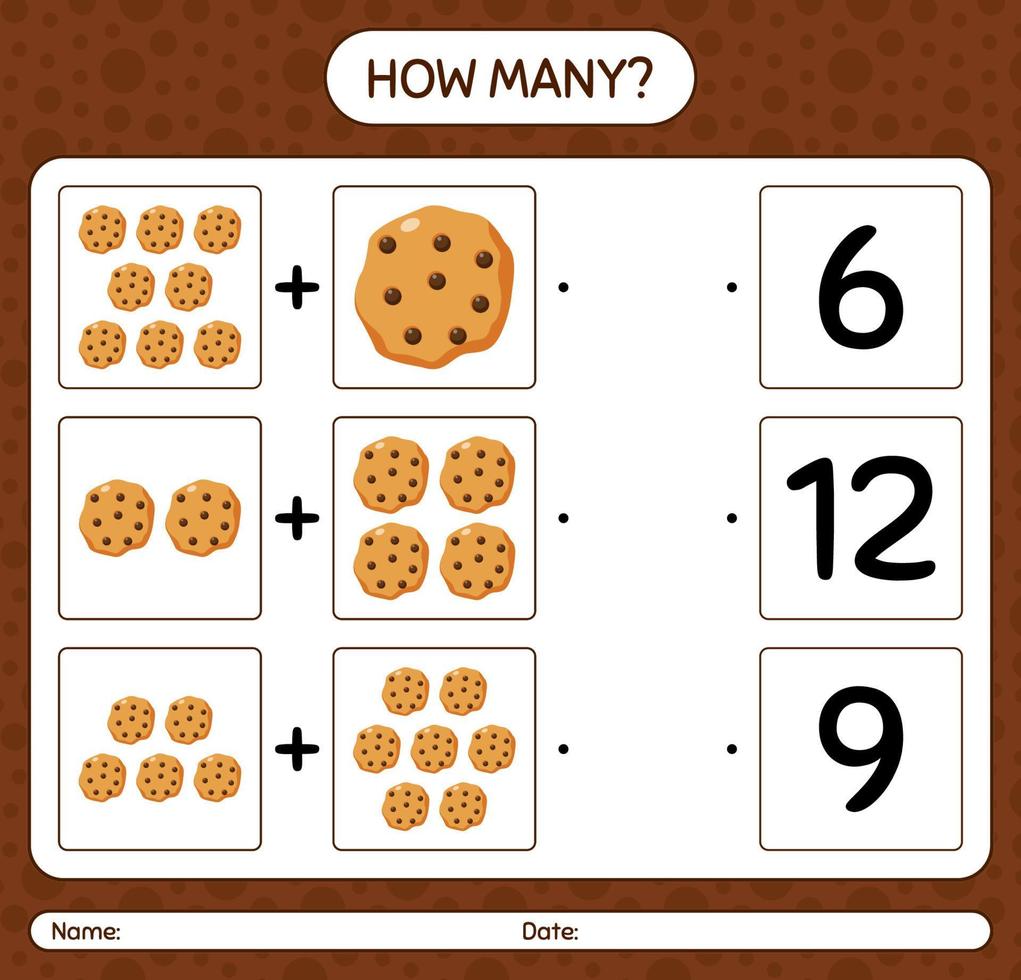 How many counting game with cookie. worksheet for preschool kids, kids activity sheet vector