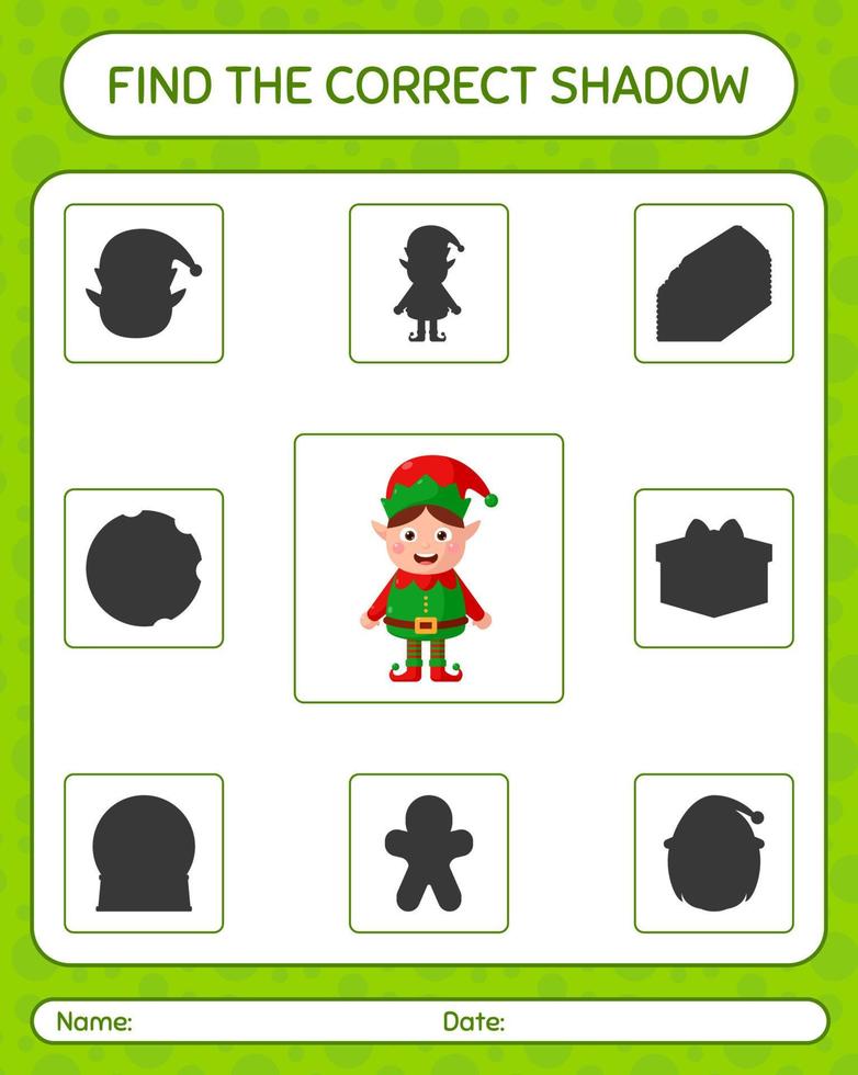 encuentra el juego de sombras correcto con elf. hoja de trabajo para niños en edad preescolar, hoja de actividades para niños vector