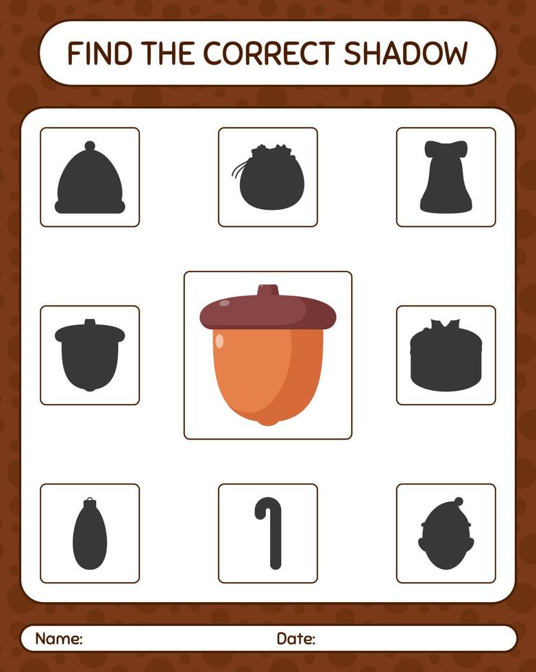 Find the correct shadows game with acorn. worksheet for preschool kids, kids activity sheet vector