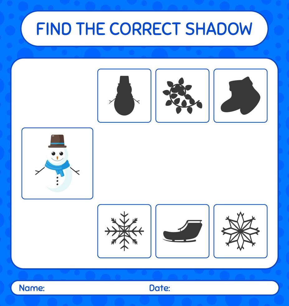 Find the correct shadows game with snowman. worksheet for preschool kids, kids activity sheet vector