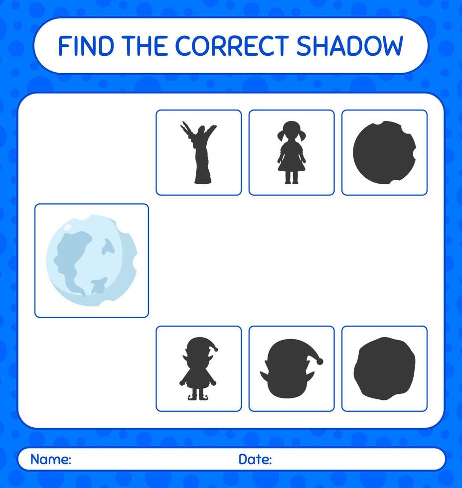 encuentra el juego de sombras correcto con luna llena. hoja de trabajo para niños en edad preescolar, hoja de actividades para niños vector