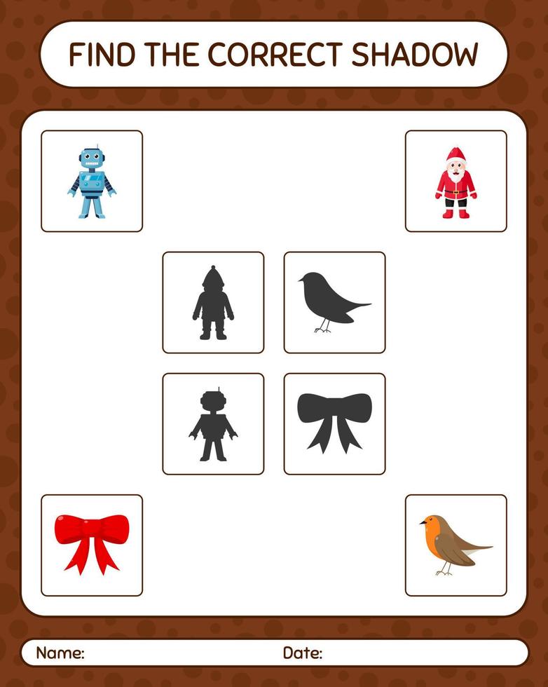 Find the correct shadows game with christmas icon. worksheet for preschool kids, kids activity sheet vector