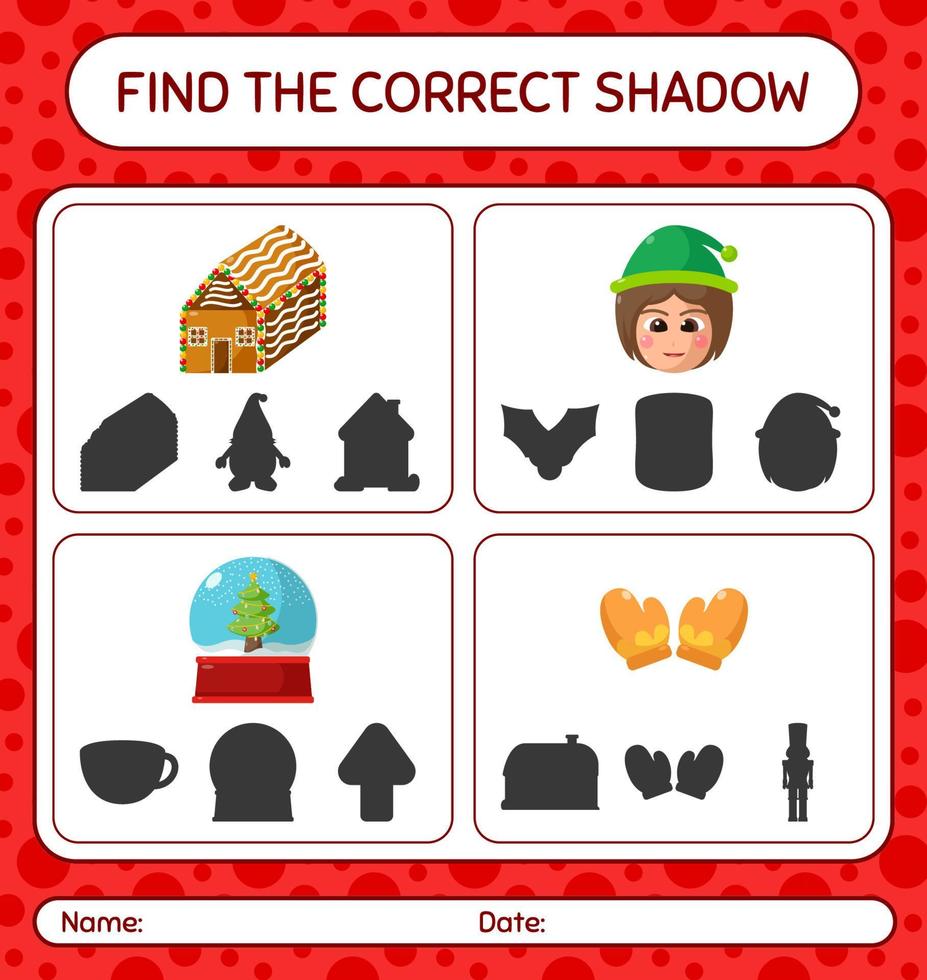 Find the correct shadows game with christmas icon. worksheet for preschool kids, kids activity sheet vector