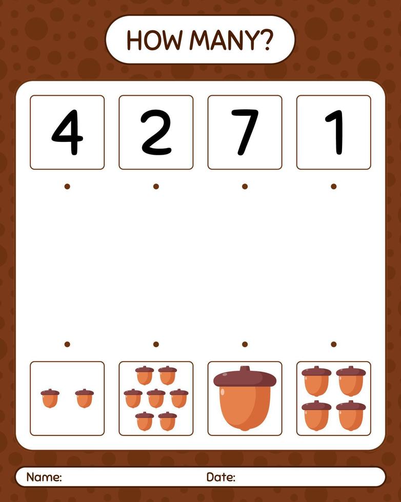 How many counting game with acorn. worksheet for preschool kids, kids activity sheet vector