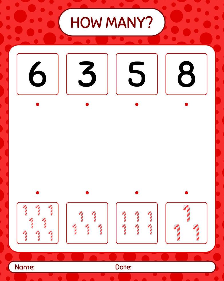 How many counting game with candy cane. worksheet for preschool kids, kids activity sheet vector