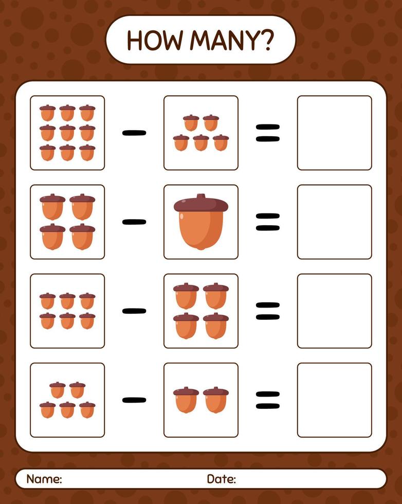 How many counting game with acorn. worksheet for preschool kids, kids activity sheet vector