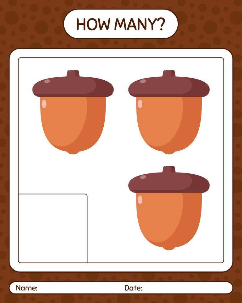 How many counting game with acorn. worksheet for preschool kids, kids activity sheet vector