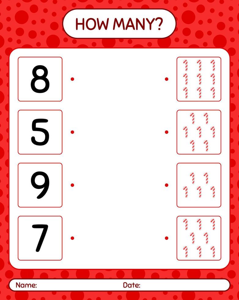 How many counting game with candy cane. worksheet for preschool kids, kids activity sheet vector