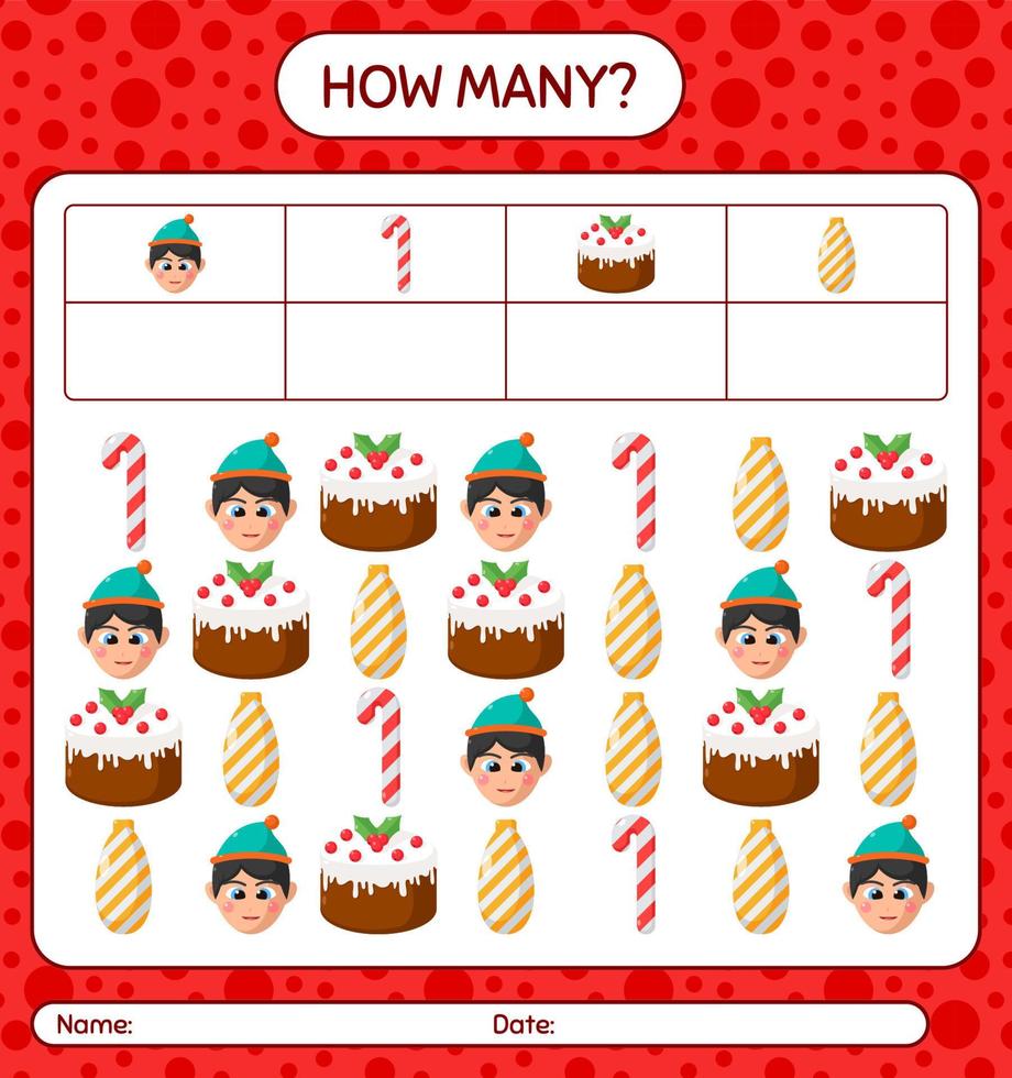 How many counting game with christmas icon. worksheet for preschool kids, kids activity sheet vector