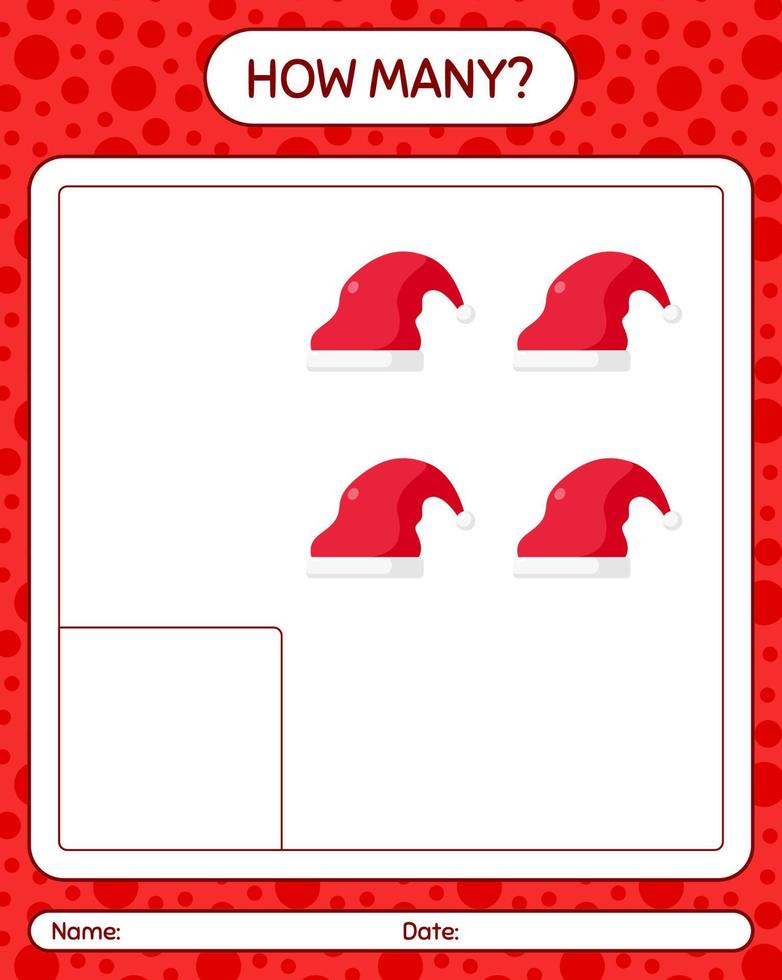 How many counting game with santa hat. worksheet for preschool kids, kids activity sheet vector