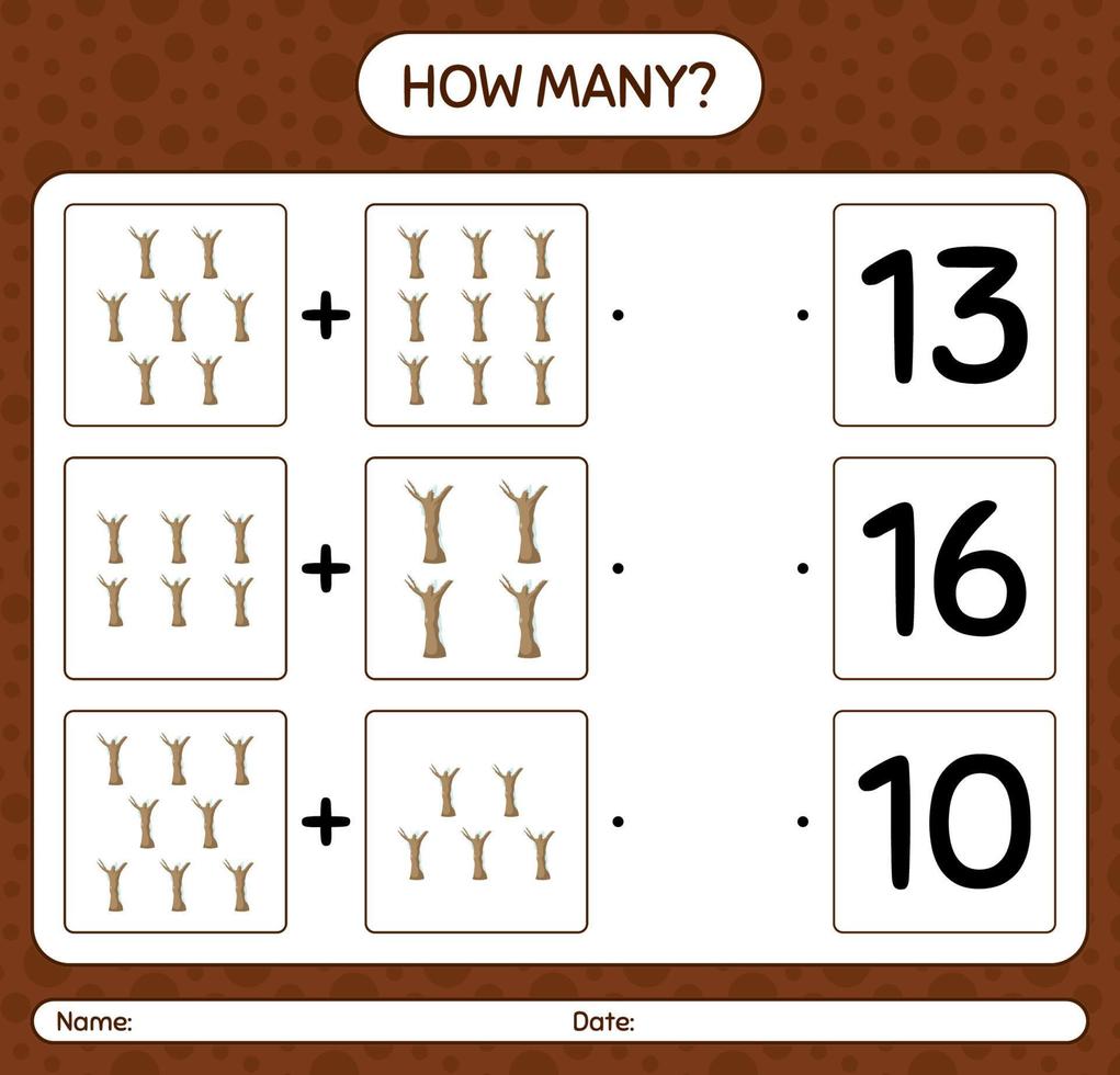 How many counting game with dead tree. worksheet for preschool kids, kids activity sheet vector