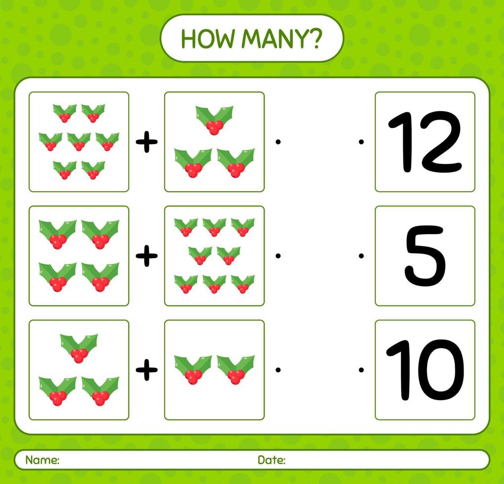 How many counting game with holly berry. worksheet for preschool kids, kids activity sheet vector