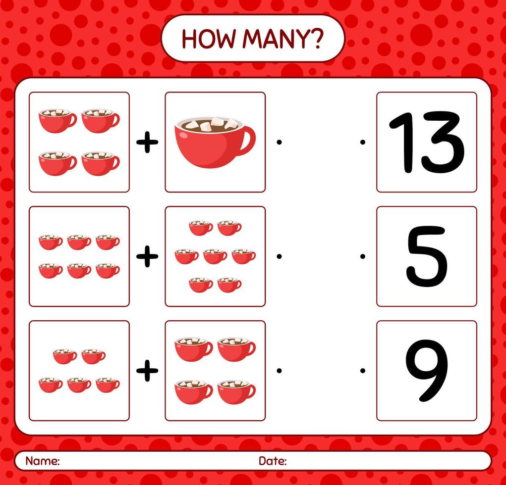 How many counting game with marshmallow on hot chocolate. worksheet for preschool kids, kids activity sheet vector