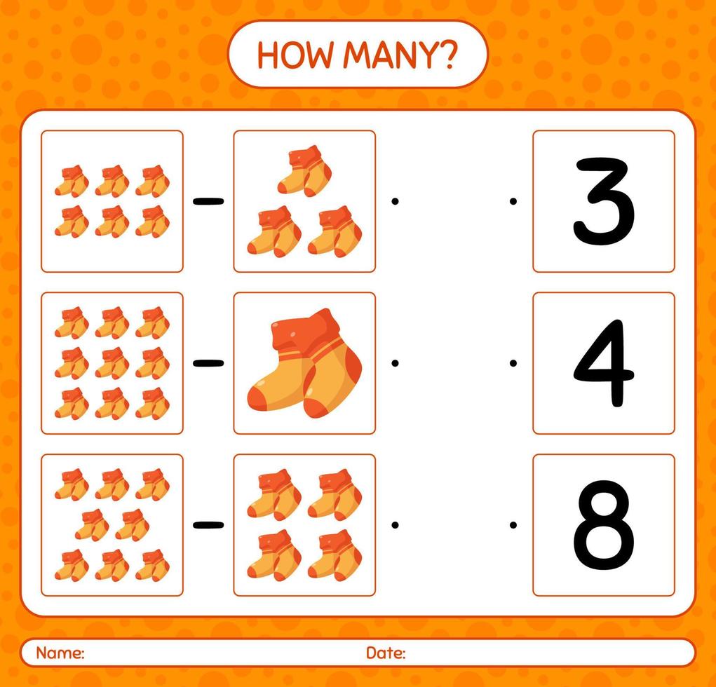 How many counting game with sock. worksheet for preschool kids, kids activity sheet vector